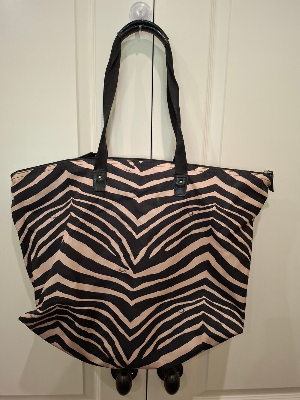 Coach Zebra Print Signature Stripe Canvas Tote Bag with Leather Trim